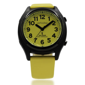 VBK93-SUN Unisex Easy-See Yellow Face Radio Controlled Talking Watch with Date, Alarm, Genuine Leather Yellow Strap