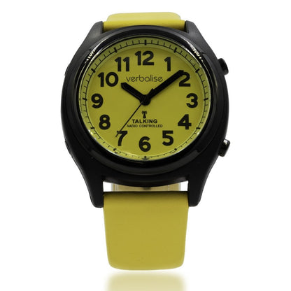 VBK93-SUN Unisex Easy-See Yellow Face Radio Controlled Talking Watch with Date, Alarm, Genuine Leather Yellow Strap