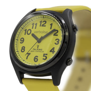 VBK93-SUN Unisex Easy-See Yellow Face Radio Controlled Talking Watch with Date, Alarm, Genuine Leather Yellow Strap