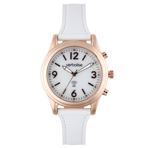 Ladies Rose Gold Plated Radio Controlled Talking Watch with Date, Alarms and White Leather Pin and Tuck Strap