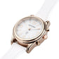 Ladies Rose Gold Plated Radio Controlled Talking Watch with Date, Alarms and White Leather Pin and Tuck Strap