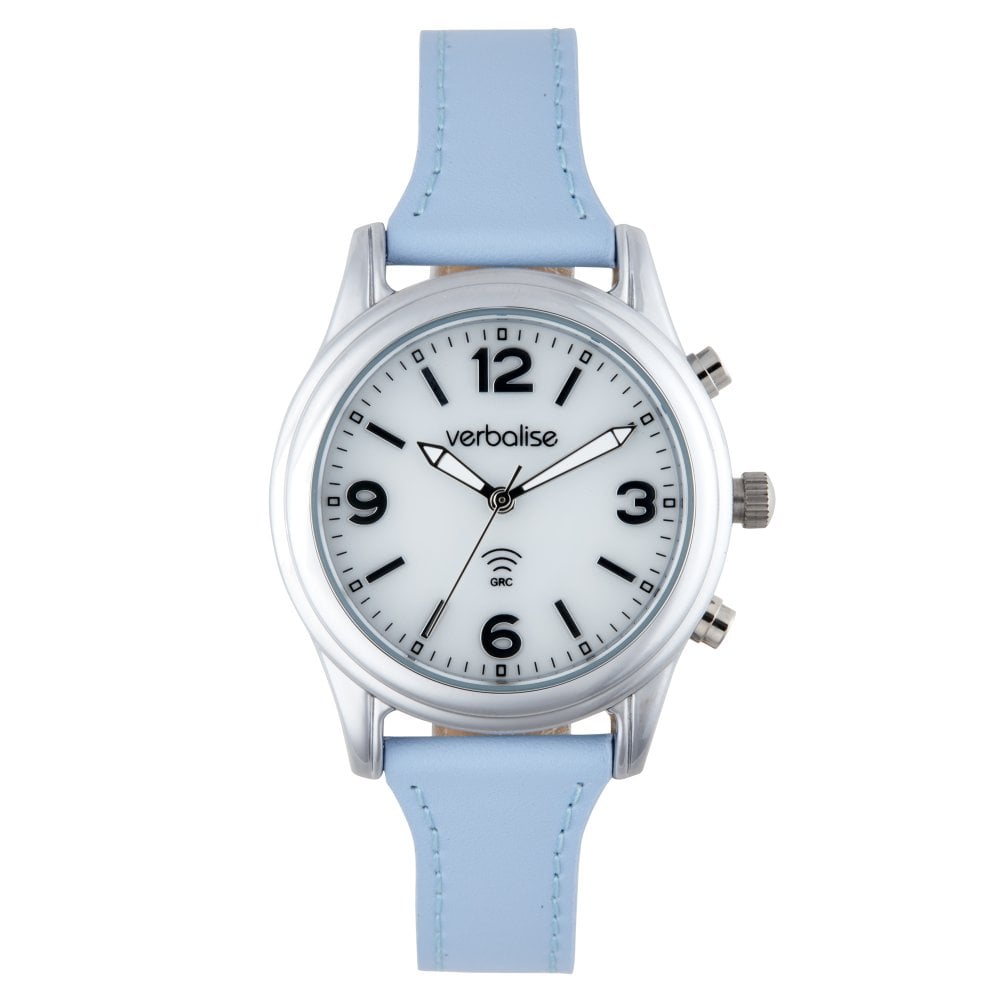 VLRC-201 Ladies Silver Radio Controlled Talking Watch with Date. Alarm and Blue Leather Pin and Tuck Strap