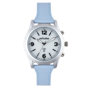 VLRC-201 Ladies Silver Radio Controlled Talking Watch with Date. Alarm and Blue Leather Pin and Tuck Strap