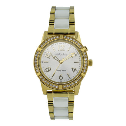 VSWA-GCT - Ladies Gold Plated Talking Watch Embellished with 42 Swarovski Crystals and Easy-open Z Clasp Tiled Strap