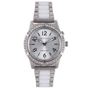 VSWA-S Ladies Silver Talking Watch Embellished with 42 Swarovski Crystals Easy Open Z Clasp Tiled Strap