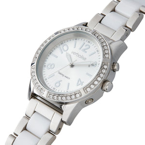 VSWA-S Ladies Silver Talking Watch Embellished with 42 Swarovski Crystals Easy Open Z Clasp Tiled Strap