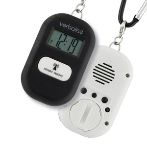 VK-Black Talking Clock-Keychain, 8 Daily Medication Reminder Alarms Clear Male English Voices