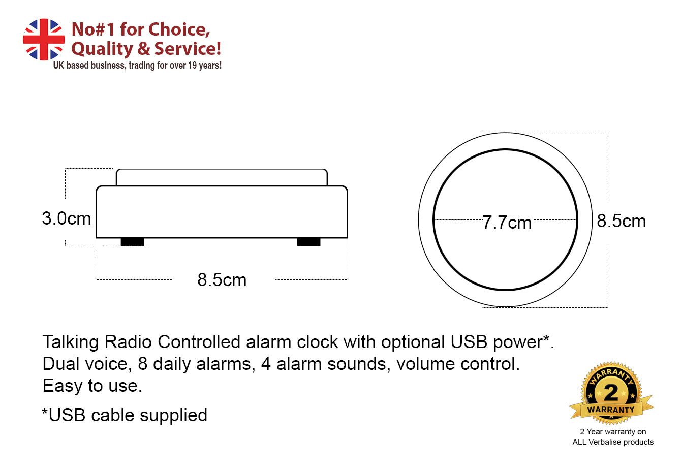 VTC03 Talking radio controlled 8 daily alarms with dual voice 